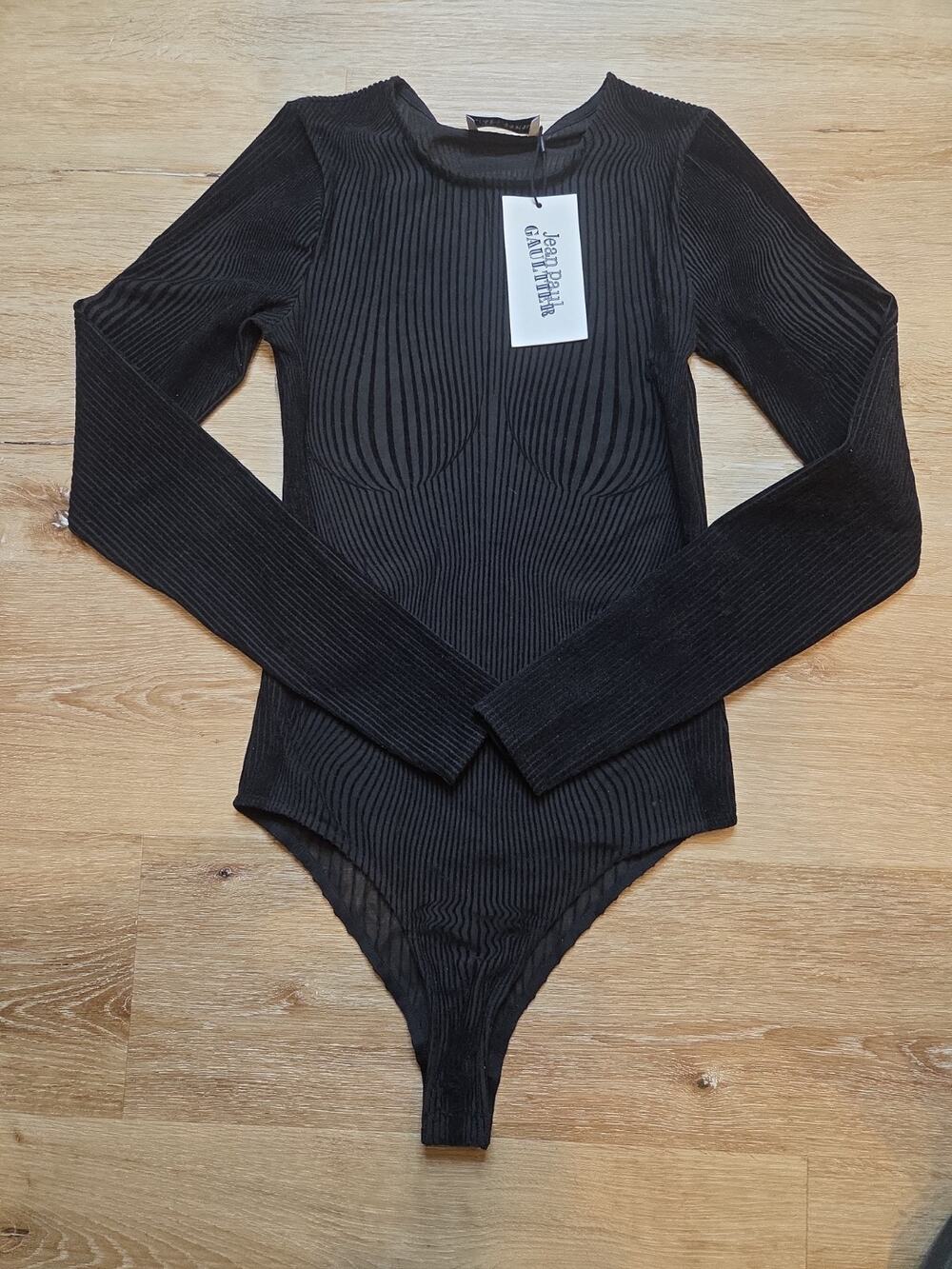 Jean Paul Gaultier Morphing Pinstripes Mesh Bodysuit Black XS NWT